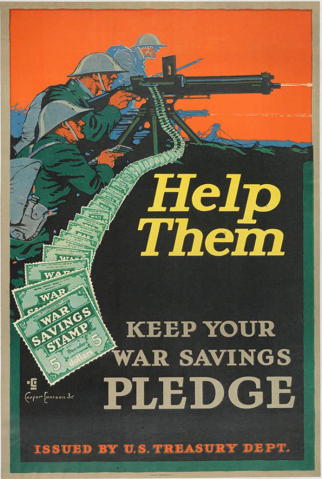 War Savings Stamps as an ammunition belt, feeding into a soldier’s machine gun