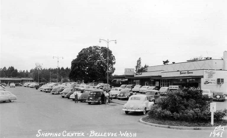 #17 Bellevue Shopping Square and parking lot showing Kandy Kane Restaurant and Bell-Vue Theatre, Bellevue, 1947