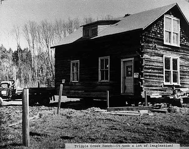 #17 Moving Wilkins log house, Bellevue, 1958