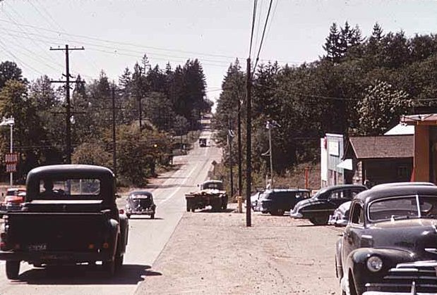 #5 NE 8th Street and 116th Avenue NE looking east, Bellevue, 1955