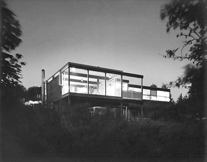 #42 Prechek House exterior at night, Hilltop neighborhood, Bellevue, 1950s