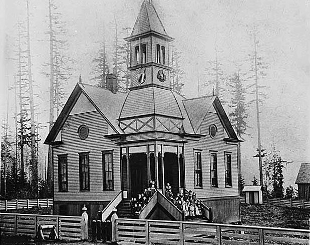 #65 Students on steps of Bellevue School, Bellevue, 1900