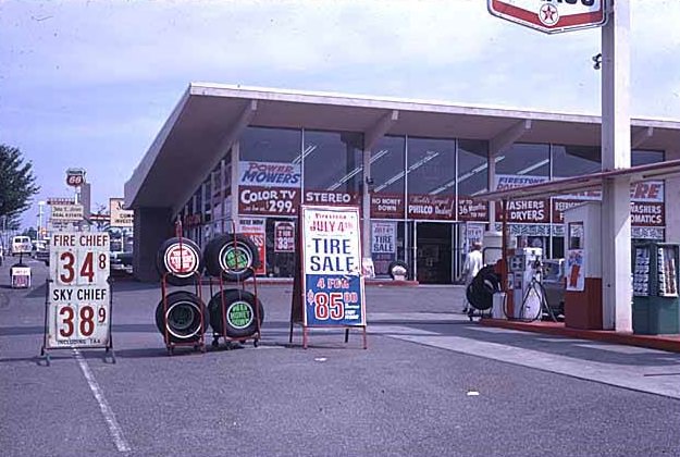 #88 Texaco station and Firestone Tires, Bellevue, 1969