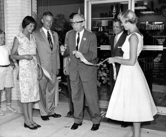 #14 Nordstrom founder John W. Nordstrom cuts the ribbon at the 1958 grand opening of the Bel-Square ‘Nordstom’s’.