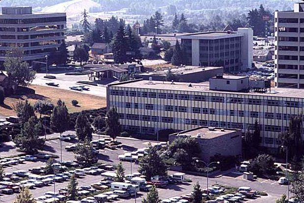 #27 Aerial of Puget Power building and parking lot, Bellevue, 1969