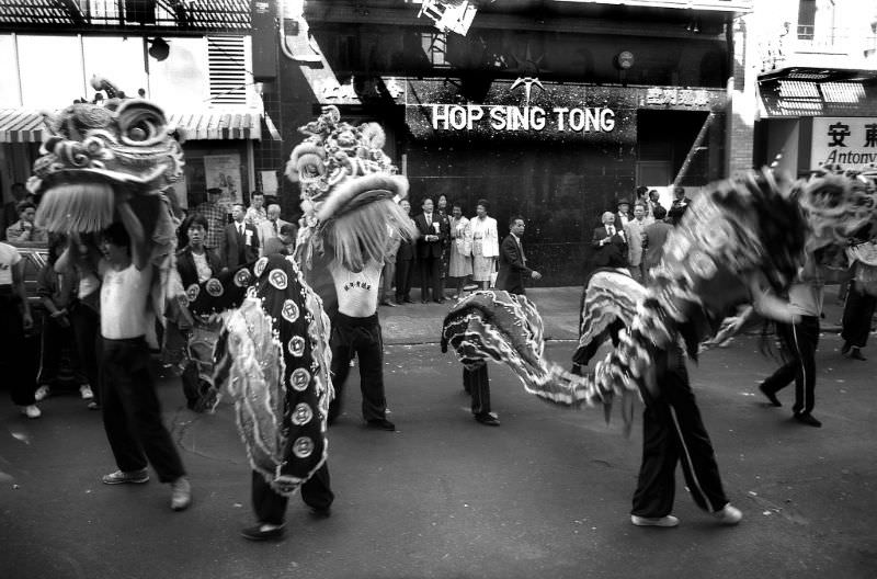 #14 Lion dancers on Waverly Street, Chinatown, San Francisco, 1982