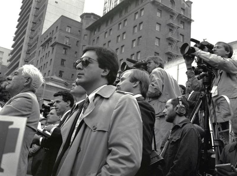 #28 Media and press corps covering Michael Dukakis presidential election bid during a visit to the Bay Area, Sacramento Street, Nob Hill / Chinatown, San Francisco, 1988