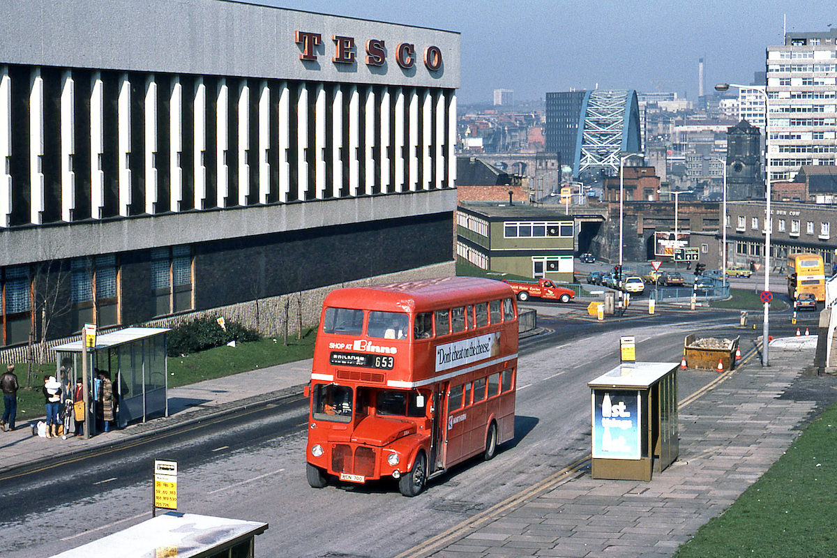 #16 One of Northern’s small fleet of Routemaster buses, RCN700, passing the old Tesco site at the bottom of Gateshead High Street in April 1980.