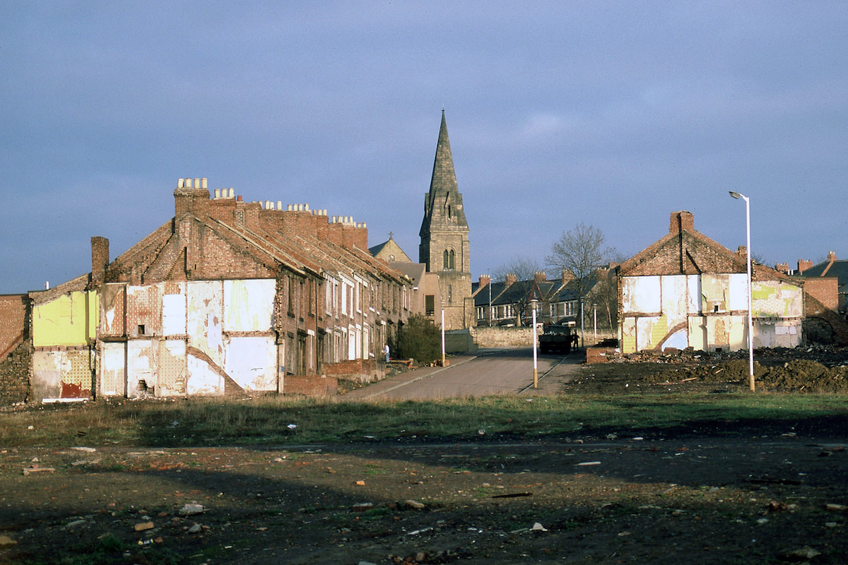 #21 Looking up the remains of Second Street towards St. Cuthbert’s Church, Bensham, in 1987.