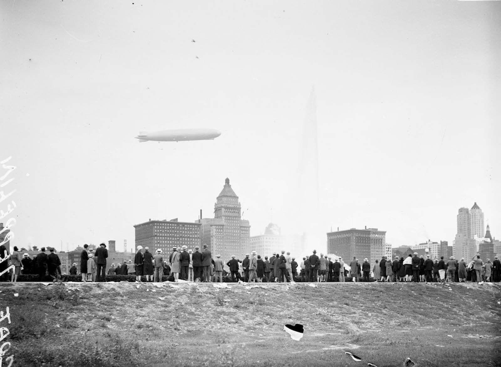 #1 View of the Graf Zeppelin flying low over the Chicago skyline.