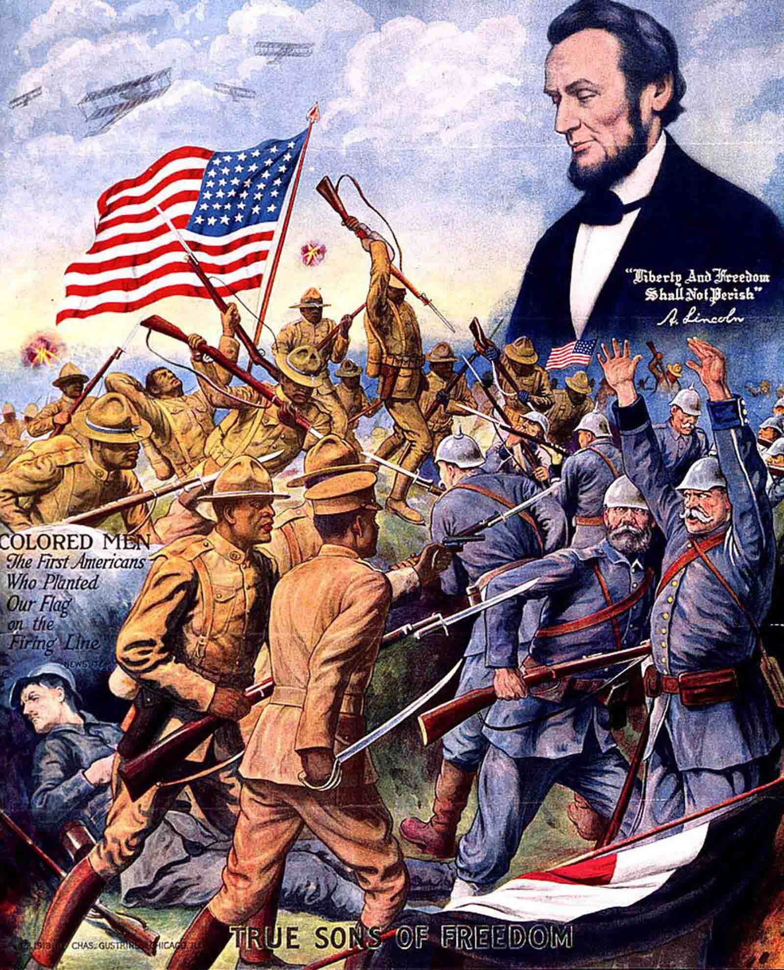 #13 Wartime poster of the 369th fighting German soldiers, with the figure of Abraham Lincoln above.