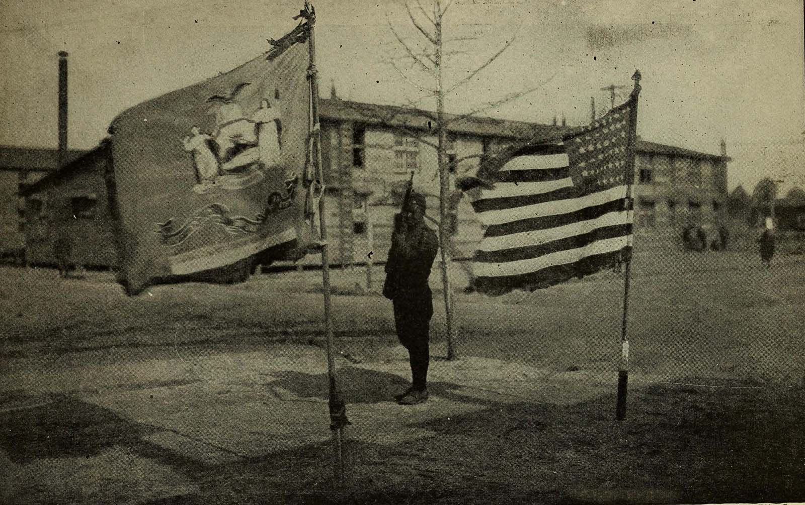 #14 Flag of the old 15th N.Y.N.G.Regiment (at left) after being decorated by the French and US National Flag.