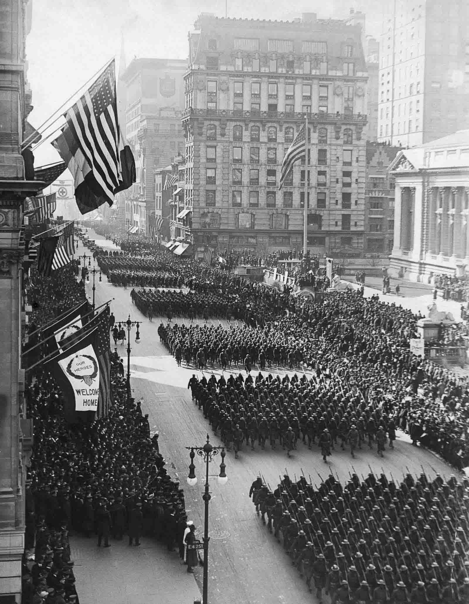 The 369th parades up Fifth Avenue upon their return to New York. 1919.