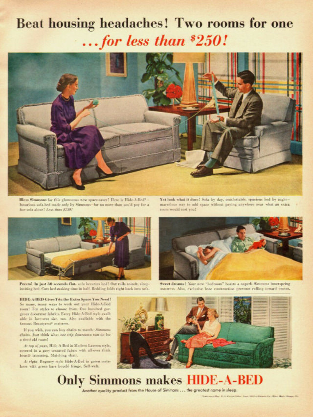 #1  No Spare Bedroom Needed: Vintage Ads of Hide-a-Bed Sofa Ads by Simmons from the 1950s #1 Vintage Ads