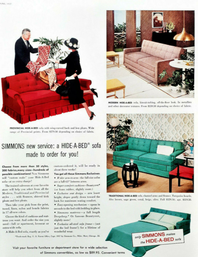No Spare Bedroom Needed: Vintage Ads of Hide-a-Bed Sofa Ads by Simmons from the 1950s Vintage Ads