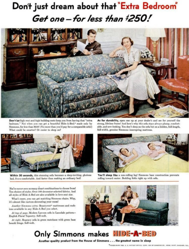 No Spare Bedroom Needed: Vintage Ads of Hide-a-Bed Sofa Ads by Simmons from the 1950s Vintage Ads