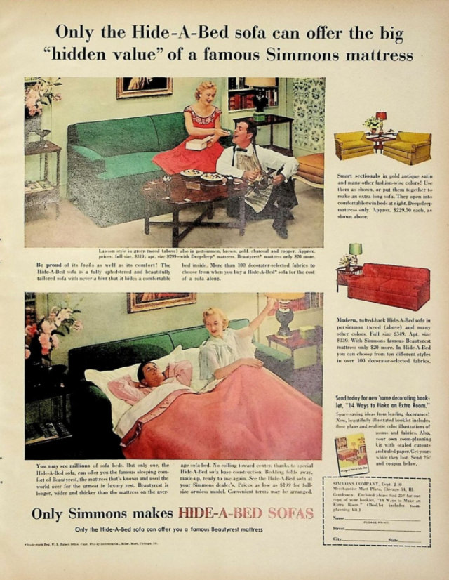 No Spare Bedroom Needed: Vintage Ads of Hide-a-Bed Sofa Ads by Simmons from the 1950s Vintage Ads