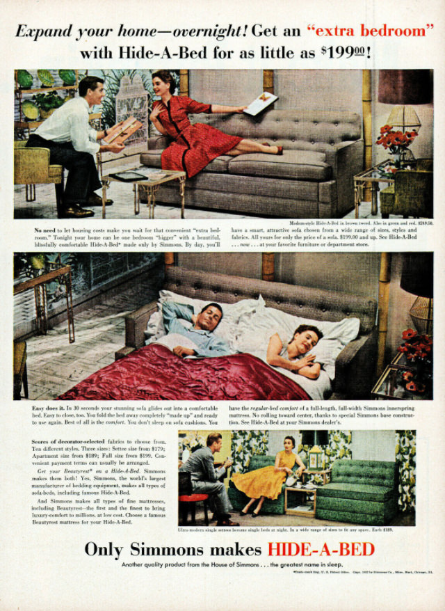 No Spare Bedroom Needed: Vintage Ads of Hide-a-Bed Sofa Ads by Simmons from the 1950s Vintage Ads