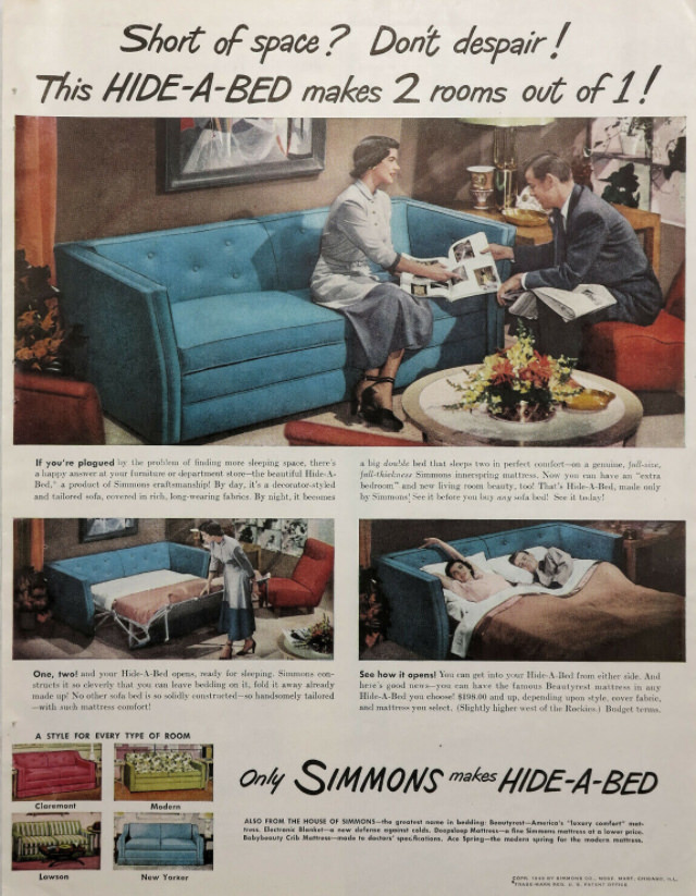 No Spare Bedroom Needed: Vintage Ads of Hide-a-Bed Sofa Ads by Simmons from the 1950s Vintage Ads