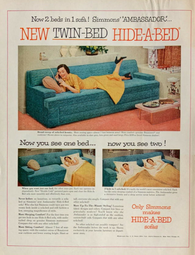No Spare Bedroom Needed: Vintage Ads of Hide-a-Bed Sofa Ads by Simmons from the 1950s Vintage Ads