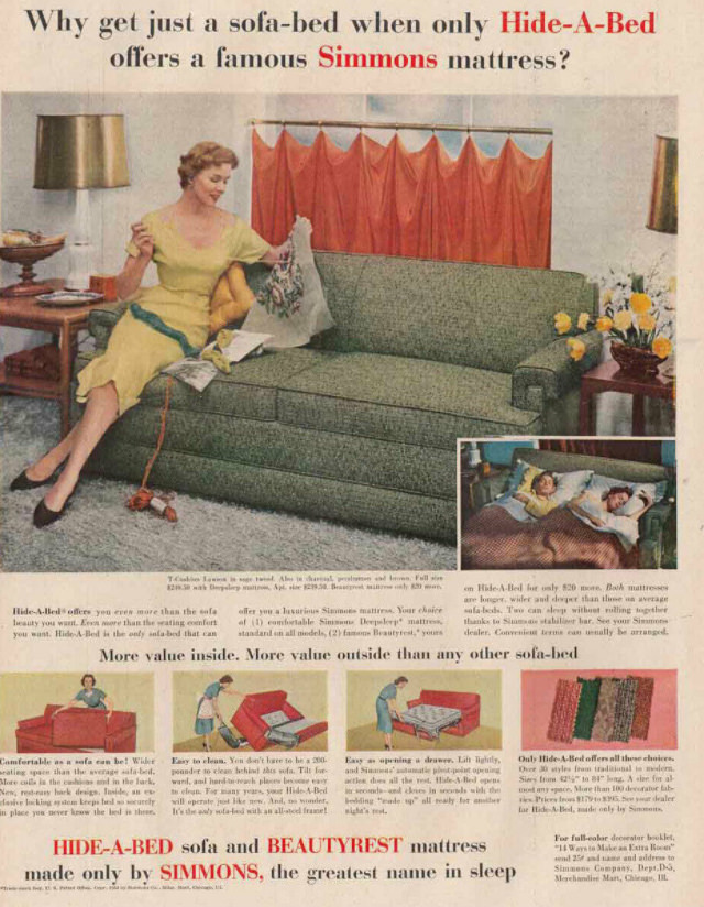 No Spare Bedroom Needed: Vintage Ads of Hide-a-Bed Sofa Ads by Simmons from the 1950s Vintage Ads