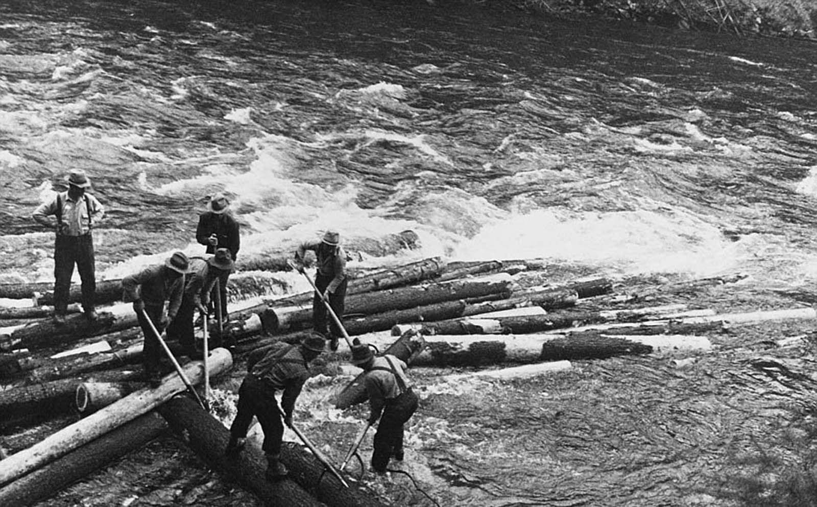 #29 Lumberjacks in Idaho clear a jam in the 1930s.