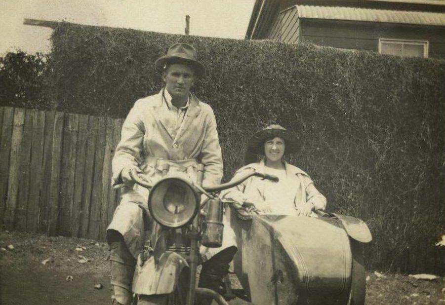 #9 Motorbike and sidecar with rider and passenger, 1922.