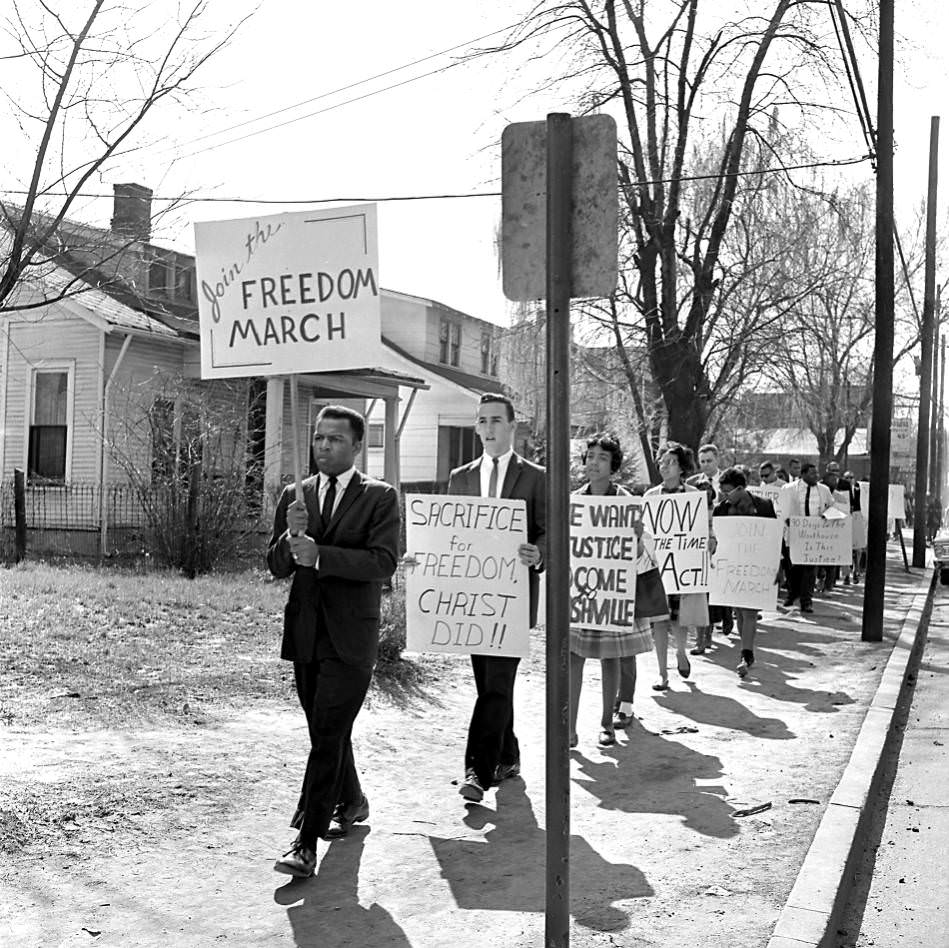 #111 Students marching during the Freedom March on Jefferson Street, Nashville, Tennessee, 1963
