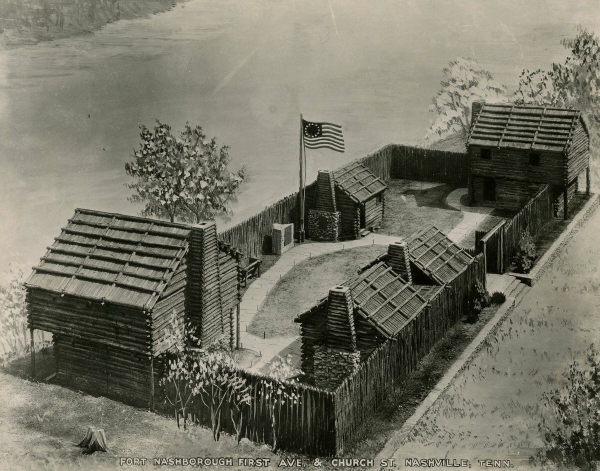 #33 Painting of Fort Nashborough, located at First Avenue and Church Street, viewed from above, 1940s