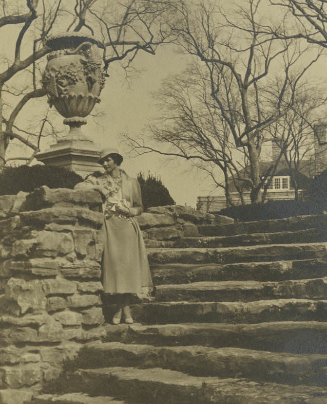 #35 Woman standing on the steps of the Cheekwood mansion grounds in Nashville, Tennessee, 1941