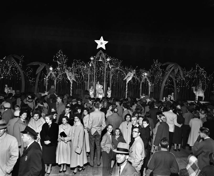 #100 Warmth of Nativity scene enfolds throng at Centennial Park scene, Nashville, Tennessee, 1956