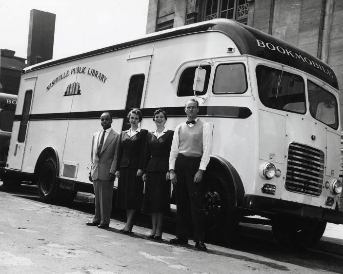 #108 Staff members in front of a Nashville Public Library bookmobile, 1955
