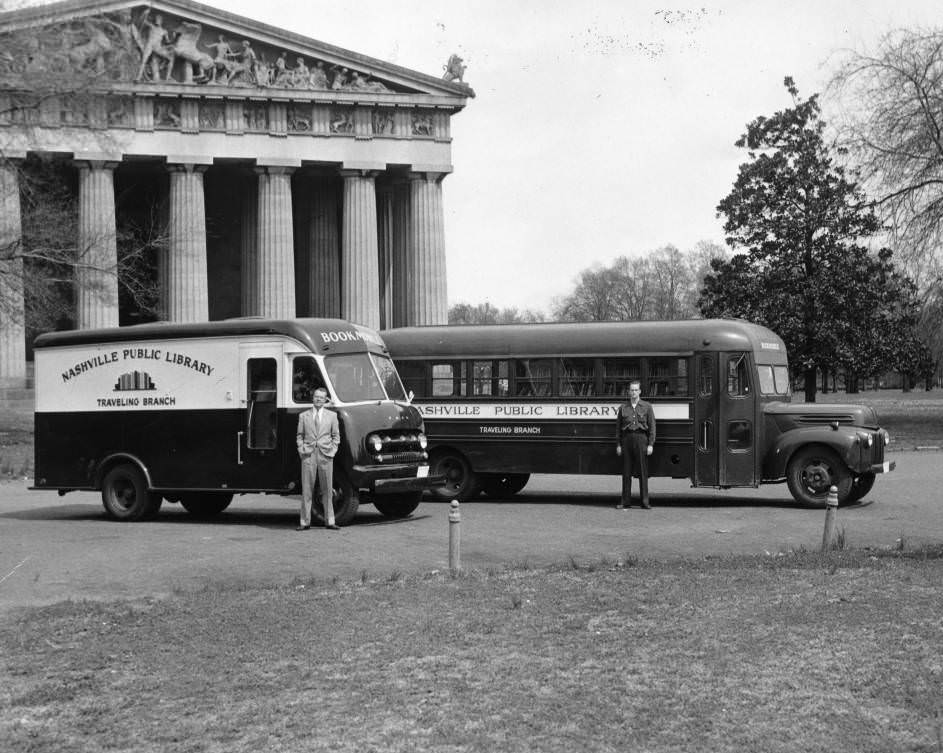 #11 Two Nashville Public Library bookmobiles in Centennial Park in front of the Parthenon, 1955
