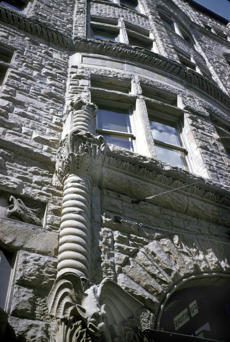 #142 A gargoyle on the front archway column of the old Chamber of Commerce building in Nashville, 1959