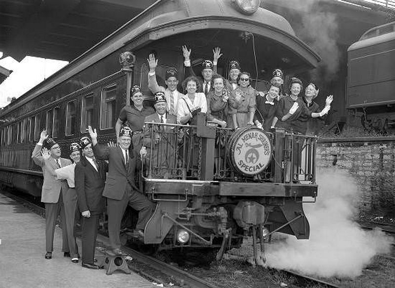 #143 Al Menah Temple Shriners leaving Union Station Nashville, Tennessee, for Southeastern Convention, 1959