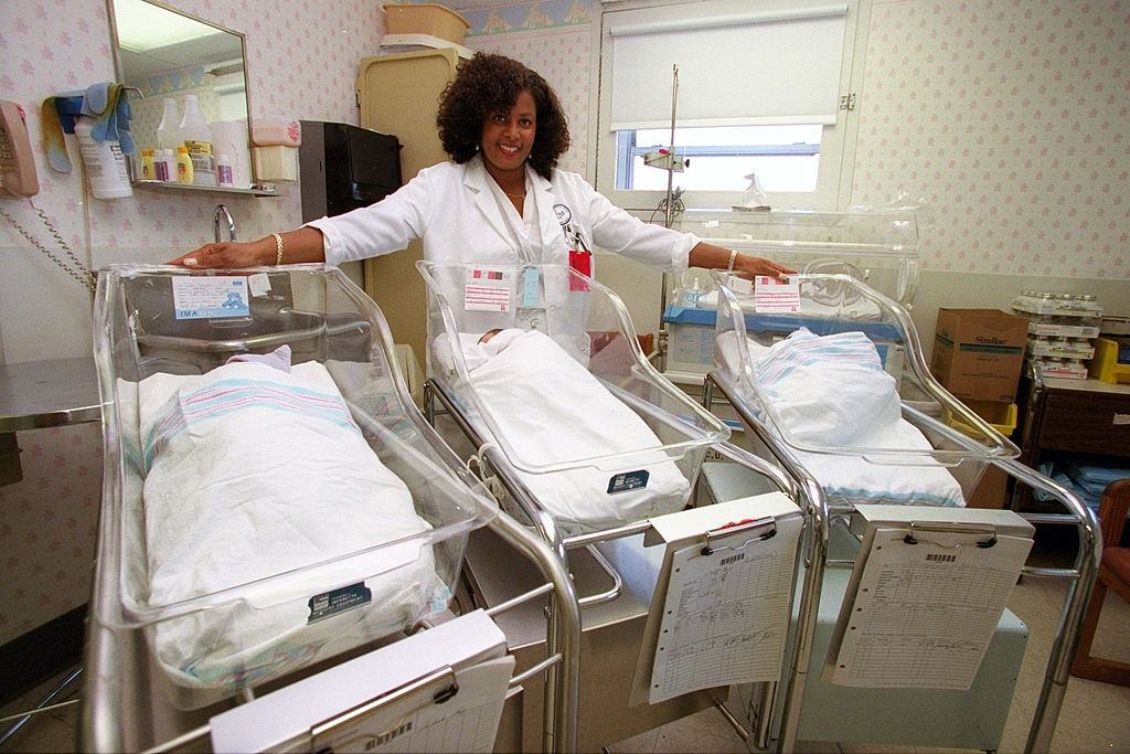 #109 Provie Monchek in maternity ward at Beth Israel Hospital with babies born in the blizzard.