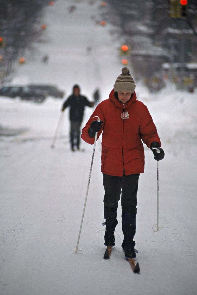 #67 Cross Country Skiing in Manhattan During Blizzard. Skiers in New York City during the Blizzard of 1996.