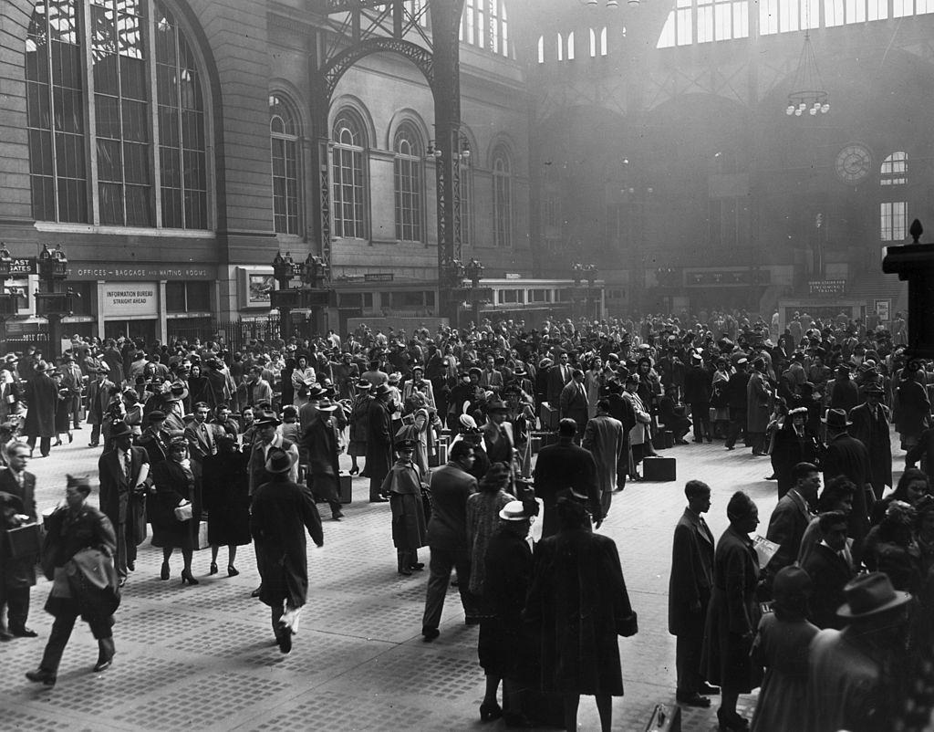 #6 View of a crowd of people in the interior of the old Pennsylvania Rail Road Station, New York City, 1950
