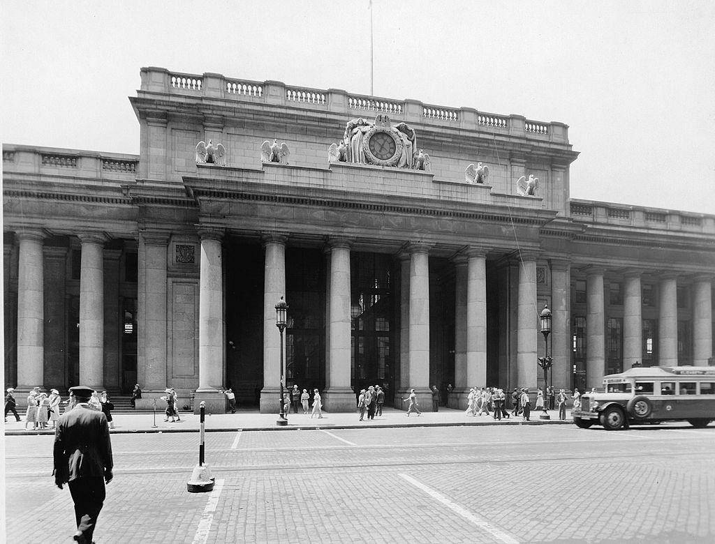 #30 View of the front facade of Pennsylvania Station, New York, mid 1930s.