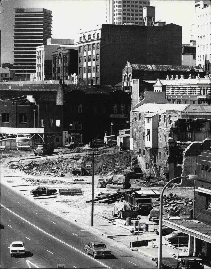 #113 Excavations on the corner of King and Day St, Darling Harbour, to make way for the new Western Distributor Rd, 1970s