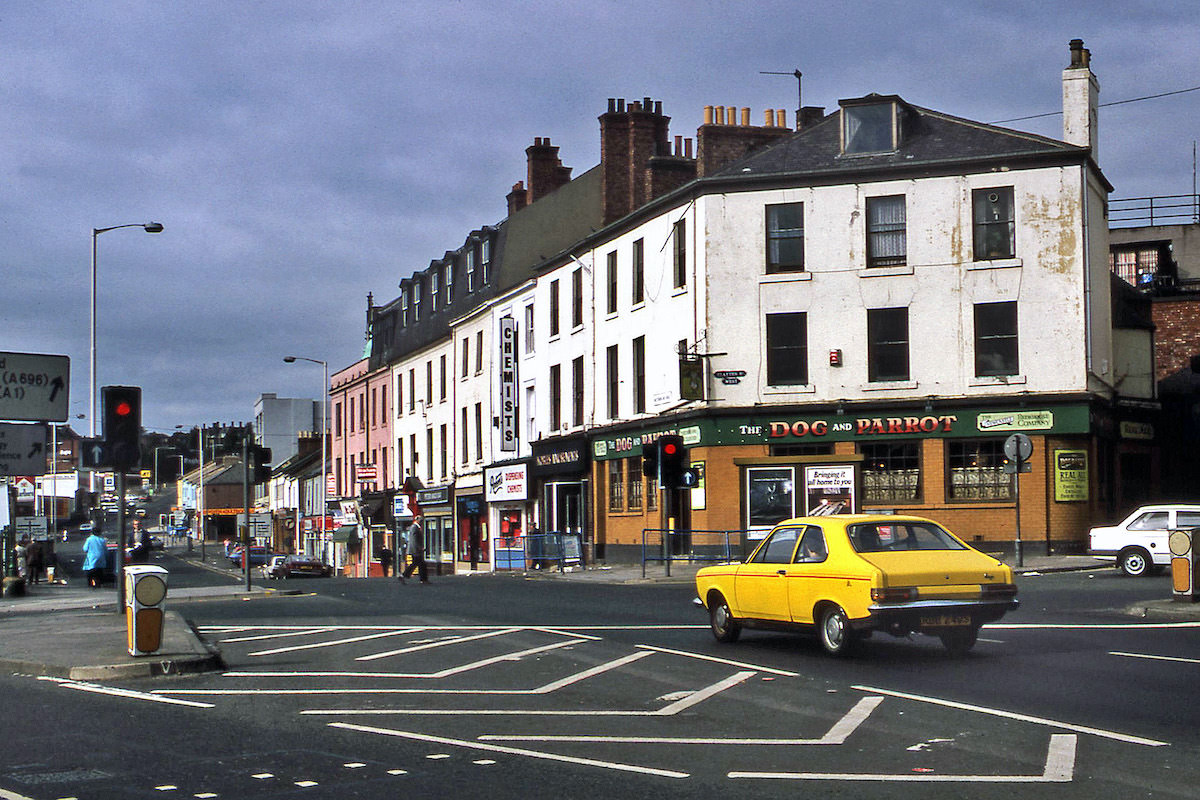 #37 A 1987 view from the end of Neville Street, Newcastle, towards the junction of Westmorland Road and Clayton Street West.