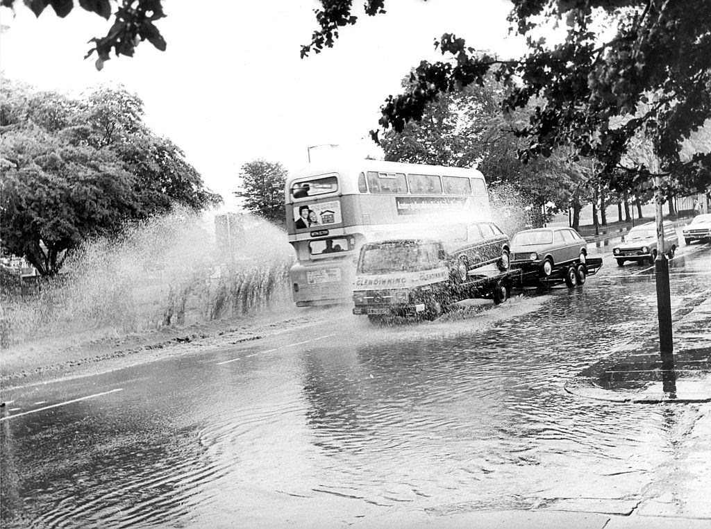 #42 Traffic is drenched in the flood on the A1 at Gosforth, Newcastle in 1978