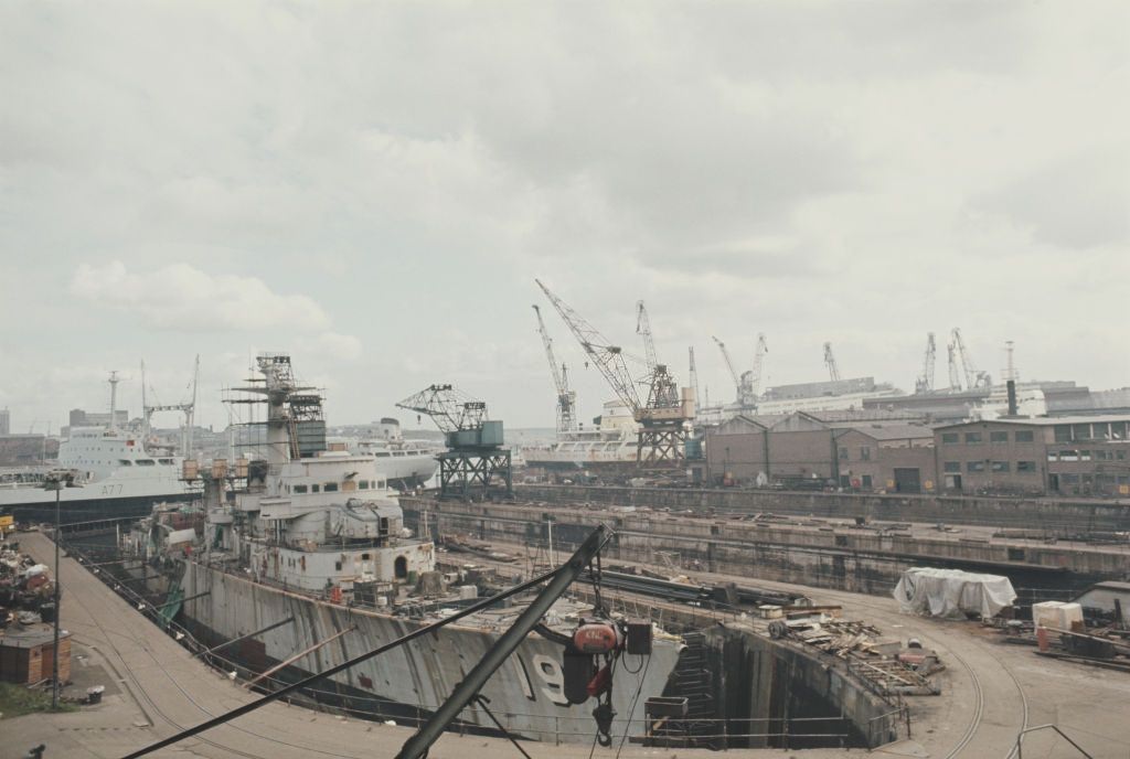 #69 Chilean Navy destroyer undergoing a re-fit in a dry dock at the Swan Hunter shipbuilding complex located on the River Tyne at Wallsend near Newcastle upon Tyne, 1972