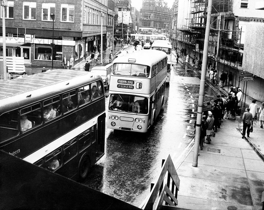 #84 Buses in New Bridge Street, Newcastle. 14th July 1970.