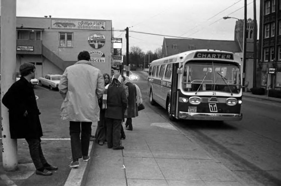 #7 Abortion rights activists boarding chartered bus in University District to attend a rally in Olympia, 1970