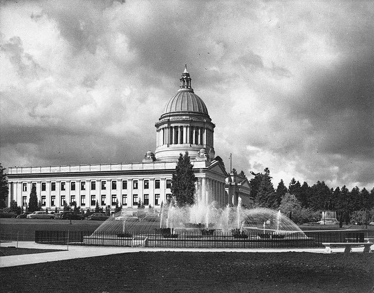 #27 Northeast view of Tivoli Fountain, Insurance Building, and Legislative Building, Washington State Capitol group, Olympia, 1955