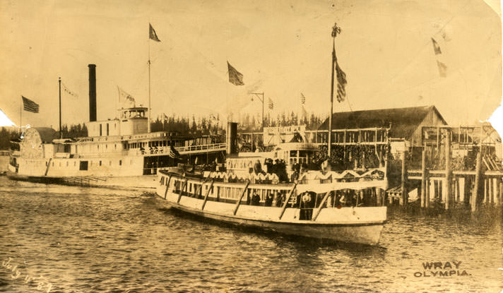 #41 Two steamers, the T.J. Potter and the Fleetwood, steaming into the Port of Olympia, 1889
