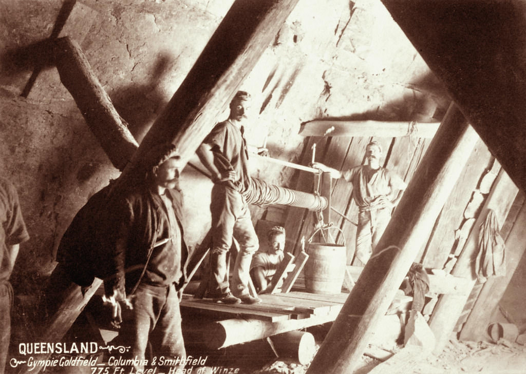 #111 Four miners at head of winze, Columbia and Smithfield at Gympie Goldfield, 775 feet level, 1897
