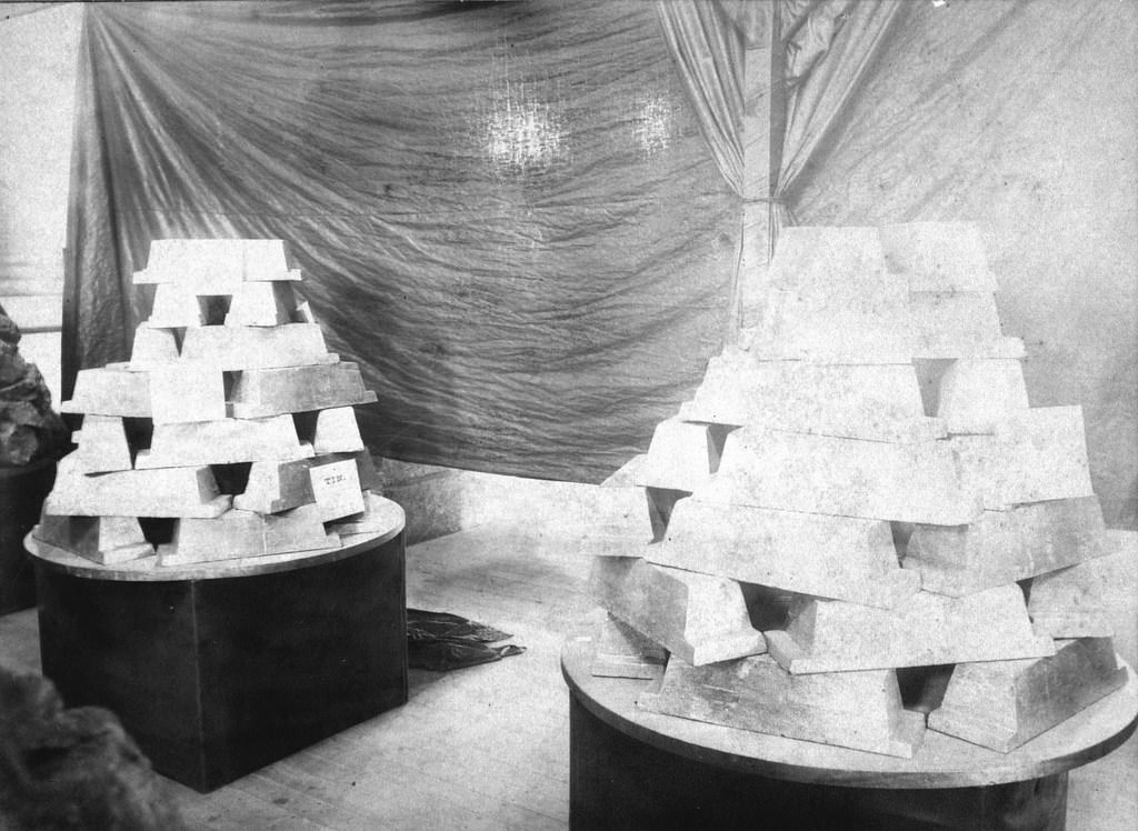 #120 Queensland International Exhibition. Mining Court. Two tons of tin ingots produced at Irvinebank Smelting Works, 1897