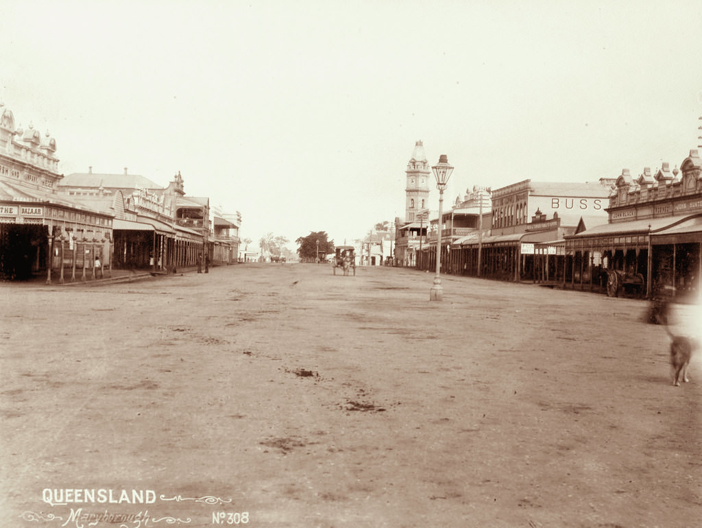 #166 Bourbong Street with Post Office in the distance, Bundaberg, 1897